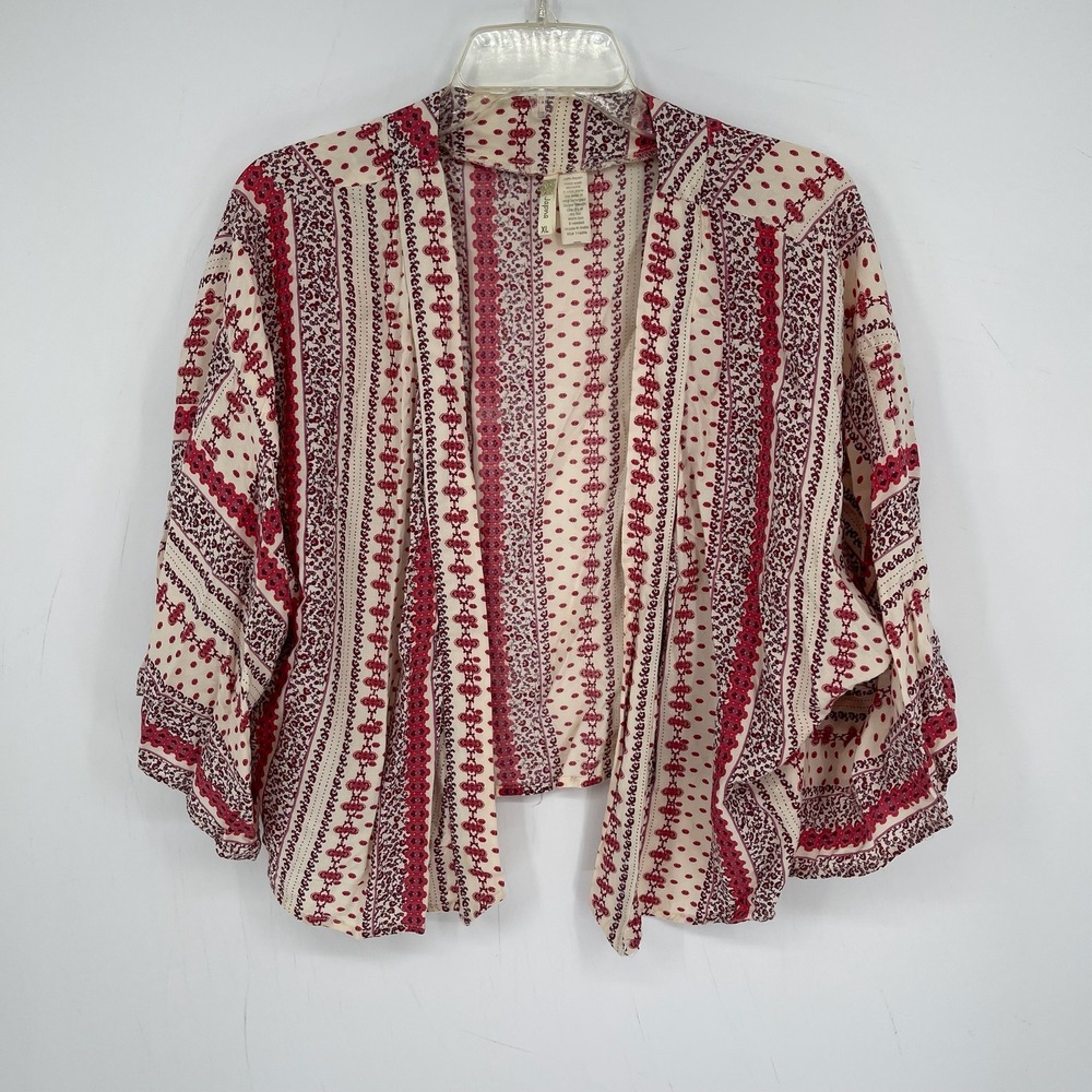 Japna Women's Red Boho Floral Geometric Open Front Kimono Cardigan Size XL